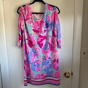 Lilly Pulitzer Womens LILLA Dress Jam Out Multi Pink Cut Out Shoulder Size XL